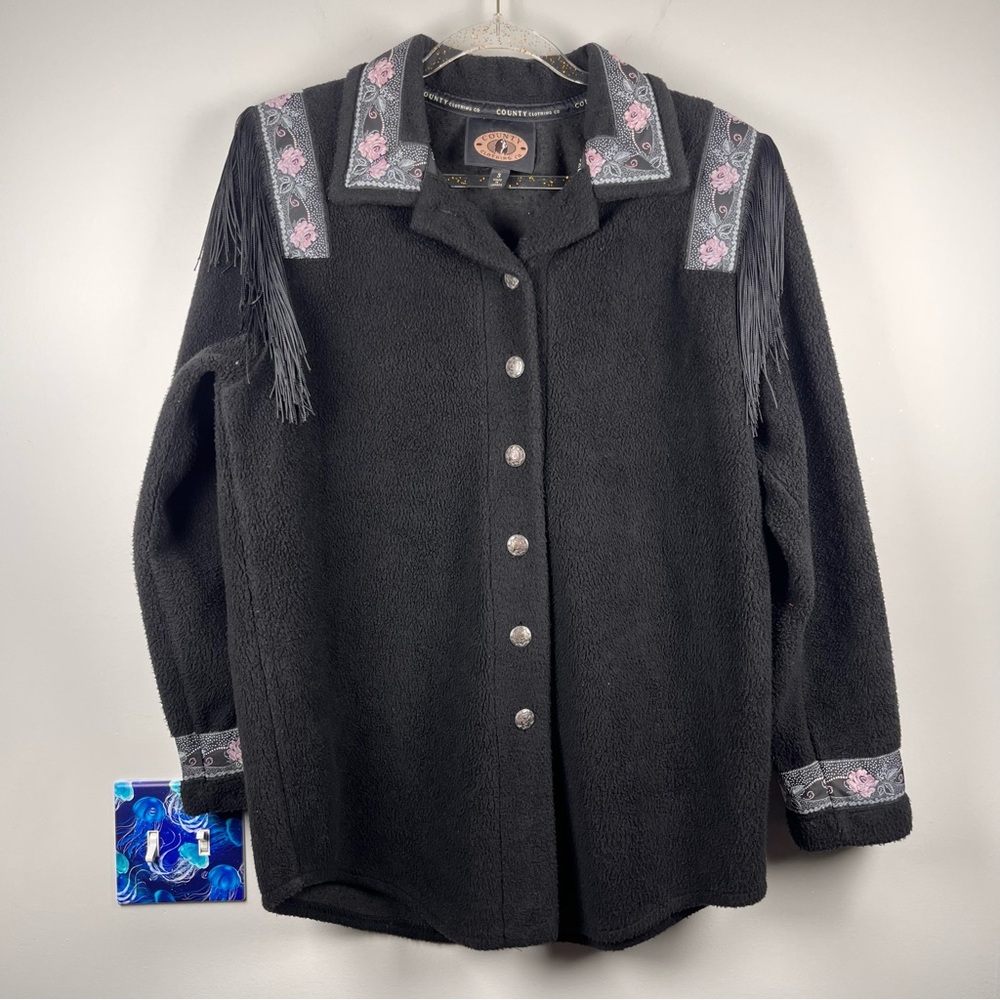 VTG County Clothing Black Fleece Western Boho Fringe Floral Jacket Small Rodeo